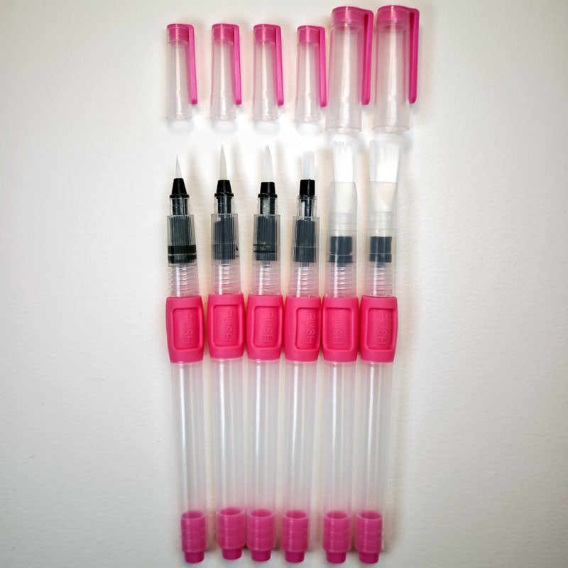 6'lı Set - Su hazneli sulu boya fırça seti - Pembe / Mavi